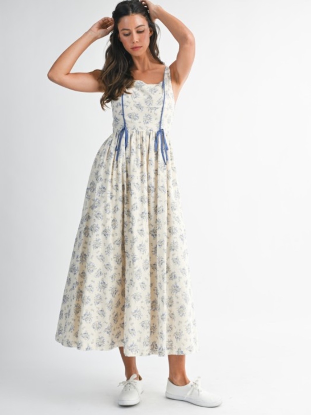 Floral Print Square Neck Contrast Pipinig Dress - Picture 2 of 8